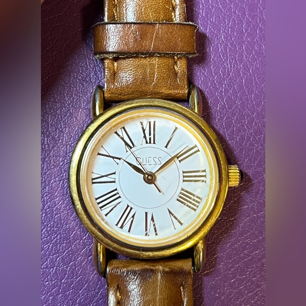 Vintage 90s Guess Watch - White Face Gold Numbers Leather Band - Needs Battery!